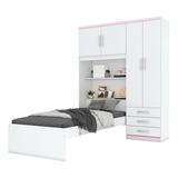 Guarda Roupa C/ Cama Quarto Solteiro 3 Gavetas Móveis Henn Cor Branco/rosa Chá