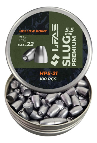Chumbinho Slug 5,5mm Hollow Point Cup 1,39g 21gr 100un Lfas