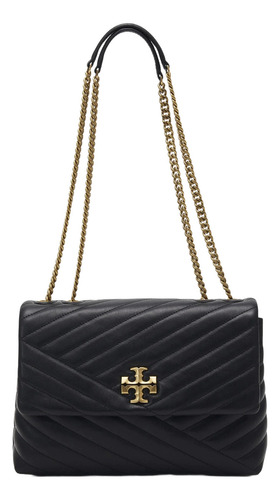 Bolsa Tory Burch Kira Chevron 90446 001 Negro Acabado De Los Herrajes Oro Color De La Correa De Hombro Dorado Diseño De La Tela Liso