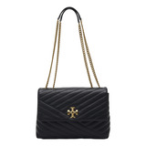 Bolsa Tory Burch Kira Chevron 90446 001 Negro Acabado De Los Herrajes Oro Color De La Correa De Hombro Dorado Diseño De La Tela Liso