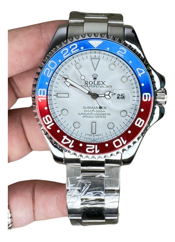 Relogio Rolex Subyacht Prata Com Branco Bisel Azul E Vermelh