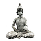 Estatua Buda Sidarta Prata C/ Strass Grande 42cm Em Resina