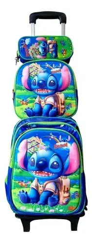Mochila Primaria Con Carrito Combo 3 Lonchera +lapicera 3d Modelos En Tendencia Stitch Angela Labubu Capibara Mario Bros Kitty Kuromi Kawaii Melody