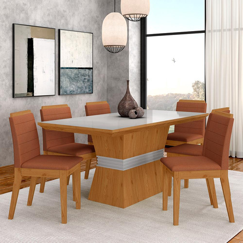 Conjunto Mesa De Jantar 6 Cadeiras Nairóbi Cin/off/terra-m.a Cor Cinamomo/off White/terracota Desenho Do Tecido Das Cadeiras Liso