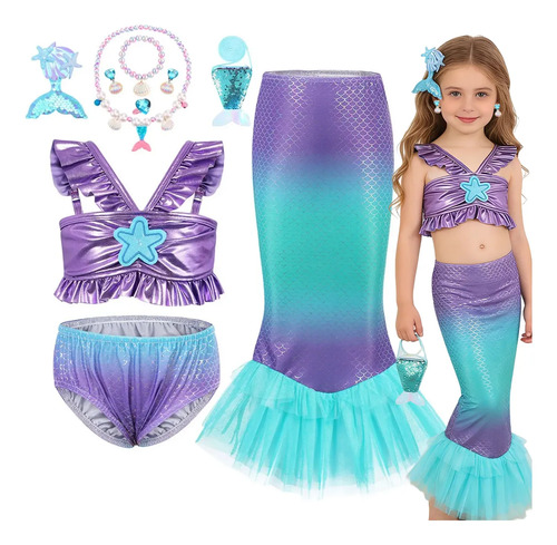 Traje De Baño De Sirena Para Niña, Bikini Bonito Con Accesorios, Vestido Infantil Para Piscina, Halloween, Carnival, Fiesta De Cumpleaños Y Cosplay. | Envío gratis