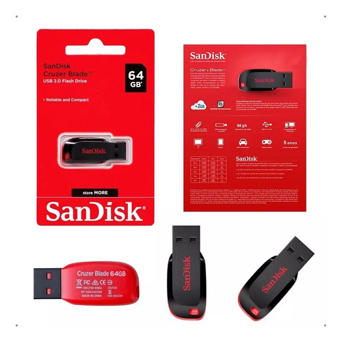 Kit2 Pendrive Sandisk Cruzer Blade 64gb 2.0 Preto E Vermelho