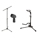 Kit Pedestal Microfone + Suporte De Chão Violão Guitarra Rmv