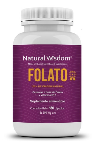 Natural Wisdom Folato 180 Caps 500mg Con Magnafolato Vitamina B12 Sabor Sin Sabor