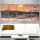 Cuadro  Amanecer Y Olas Del Mar  - 60x28, 5 Piezas