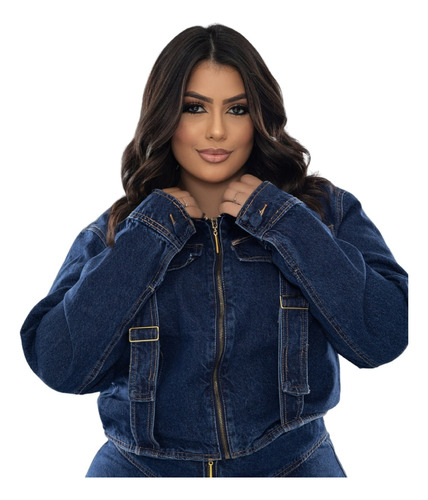 Jaqueta Jeans Feminina Plus Size Manga Longa Zíper