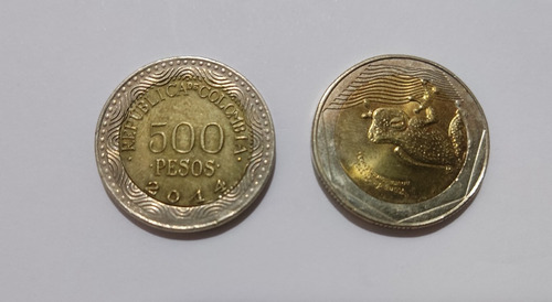 Moneda 500 Pesos Colombiana, 2014 Invertida.