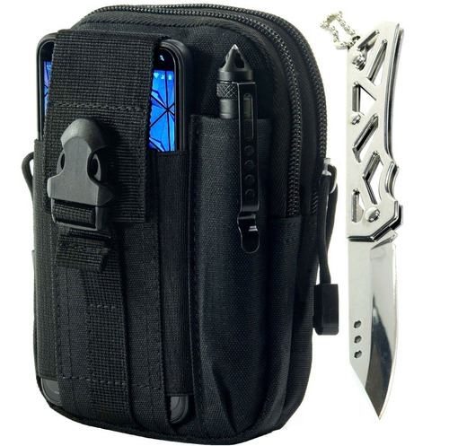 Mini Faca Inox 1 + Pochete Tatico Molle Porta Treco Celular