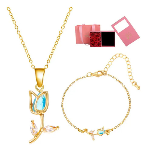 Collar Pulsera Tulipán Con Cristal Joyería De Lujo Oro 18k