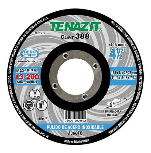 Disco De Desbaste Tenazit 388 Ar Dp 4.1/2 Inox