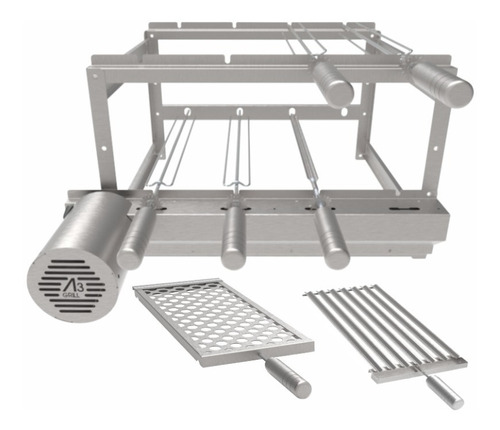 Suporte Grill Gira Inox Com Motor 4 Espetos + 2 Grelhas