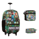 Mochila Infantil Menino Minecraft Rodinhas Lancheira Estojo