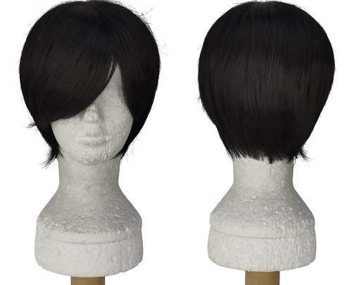 Peruca Preta Curta 26cm C/ Franja E Raiz Crespa Cosplay Wig