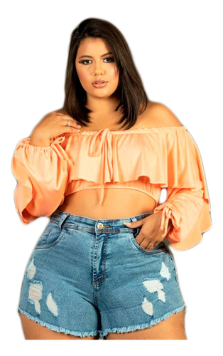 Short Jeans Plus Size Rasgado Cintura Alta Barra Desfiada