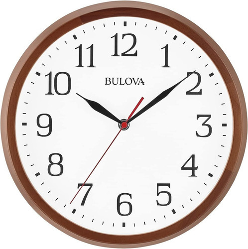 Reloj De Pared Bulova C4899 Clarity Minimalist Dark Walnut Color De La Estructura Café Color Del Fondo Blanco