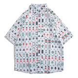 Camisa Corta Con Estampado Completo Mahjong Para Hombre, Fin