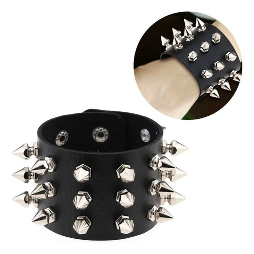 Pulseira Bracelete De Couro Preta C/ Spikes Rock Punk Metal