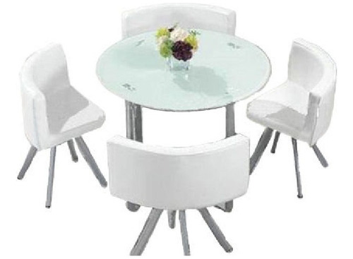 Combo Mesa Comedor Redonda Vidrio 4 Sillones Toda Blanca