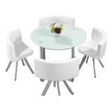 Combo Mesa Comedor Redonda Vidrio 4 Sillones Toda Blanca