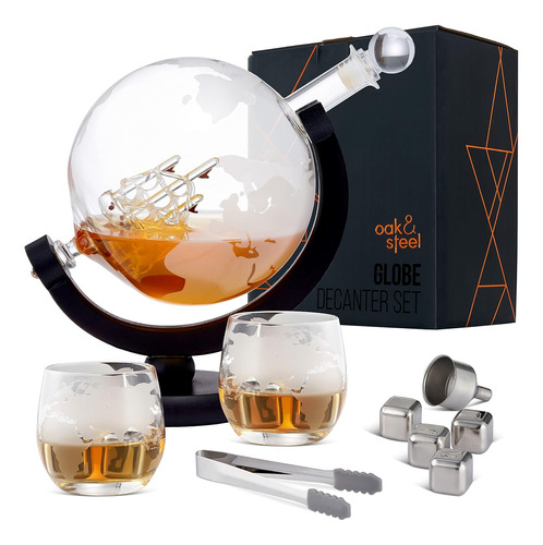 Oak & Steel 53oz/ 1500ml World Globe Whiskey Decanter Set...