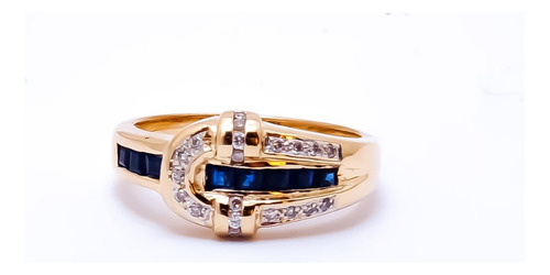 Anillo Italiano En Oro Amarillo 18k Con Diamantes Y Zafiros.