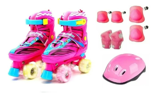 Patins Quad Luna C/ Led Infantil 4 Rodas + Kit Proteção