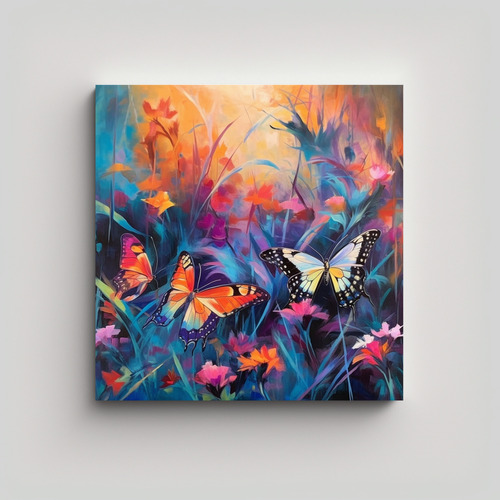 70x70cm Cuadro De Lienzo Acuarela Con Mariposas Neón Y Flor