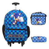 Mochila Escolar Passeio Preta De Rodinhas E Lancheira Sonic