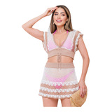 Conjunto Feminina Saida De Praia Blusa Manga Curta Saia Curt