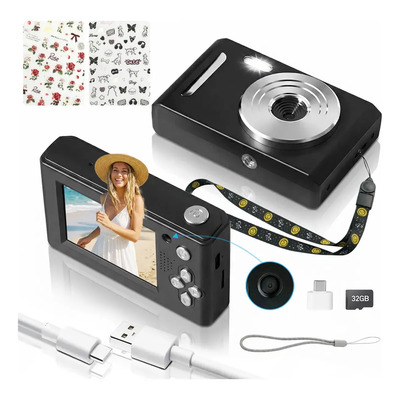 Cámara Digital Recargable Cámara Fotografica Cámara Profesional Fotos De 4K Video Transmisión Batería Negra 32 GB Gótico Cámaras Duales Y2k Hotu Cámara M26 Con Pegatinas Y Correa Colgante | Envío gratis
