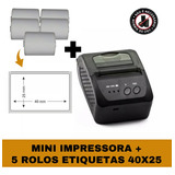 Mini Impressora Bluetooth + 5 Rolos Etiqueta Adesiva 40x25