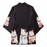 Kimono Japonés Para Mujer, Abrigo Largo, Con Diseño De Gato