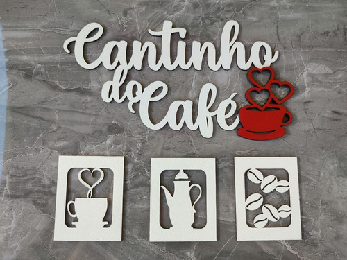 Placa Cantinho Do Café Mdf  Branco E Vermelho 4 Peças Kit 