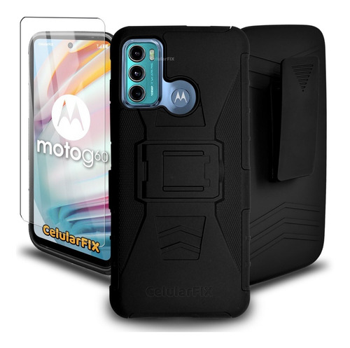 Funda Protector P/ Moto G60, Uso Rudo Clip C/ Mica Cristal