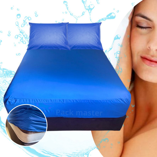Capa Protetora Colchão Travesseiro Casal Queen Impermeável Cor Azul Desenho Do Tecido Liso