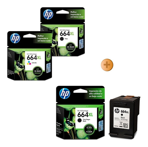 02 Cartucho Tinta Original Hp 664xl Preto + 01 664xl Color