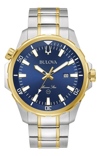 Reloj Bulova 98b384 Marine Star Para Caballero Original Color De La Correa Plateado Color Del Bisel Dorado Color Del Fondo Azul Marino