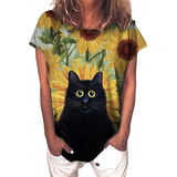 Camiseta Con Estampado De Girasoles Y Gatos