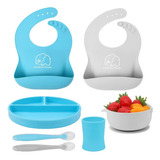 Set Alimentacion Silicona Succion Bebe Babero Plato Cuchara 