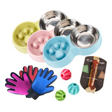 Set Plato De Comida Hueso Pelota Dental Guante Perro Mascota