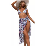 Traje De Baño Mujer 2 Piezas + Falda Bikini Mujer Tropical