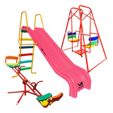 Combo Tobogán Infantil 5 Escalones Pvc + Subey Baja + Hamaca Color Tobogan Rosa - Hamaca Rojo