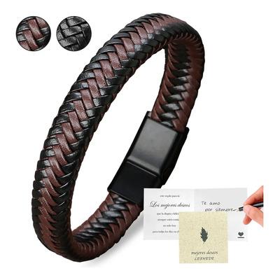 Leawede Pulsera Tejer Cuero Hombre Caballero Acero Inoxidable Broche Marrón Pulsera Para Hombre Pulseras Hombre Piel Regalos De Graduacion 2 Cm