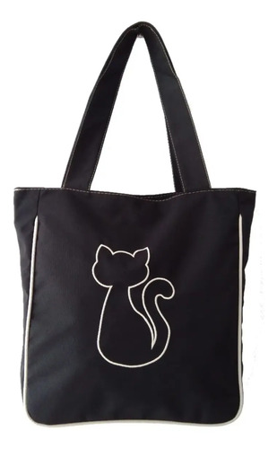Bolsa Feminina Sacola Em Tecido Com Bordado De Gatinho Gato