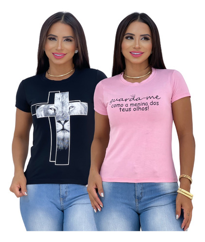 Kit 2 Blusas T-shirt Frases Evangélicas P Ao Gg Atacado