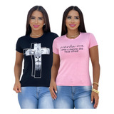 Kit 2 Blusas T-shirt Frases Evangélicas P Ao Gg Atacado